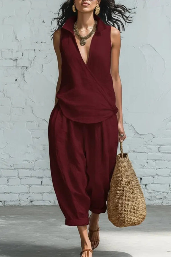 Linen Blend Collared Sleeveless Loose-fitting Top and Elastic Waist Pocket Casual Pants Set