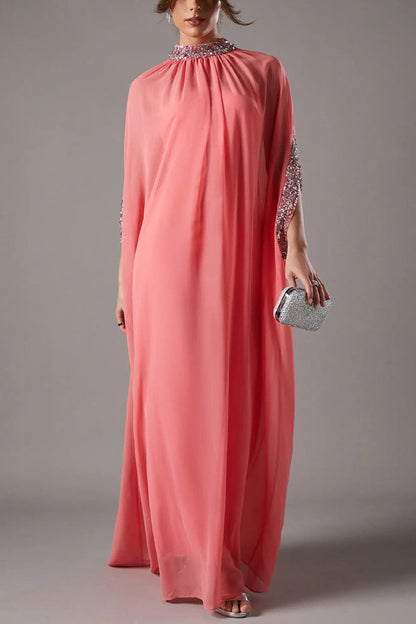 My Dearest Chiffon Sequin Trim High Neck Batwing Cutout Sleeve Cape Maxi Dress