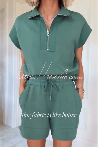Buttery Touch Half-Zip Short Sleeve Sweatshirt and Elastic Waist Pocket Casual Shorts Set