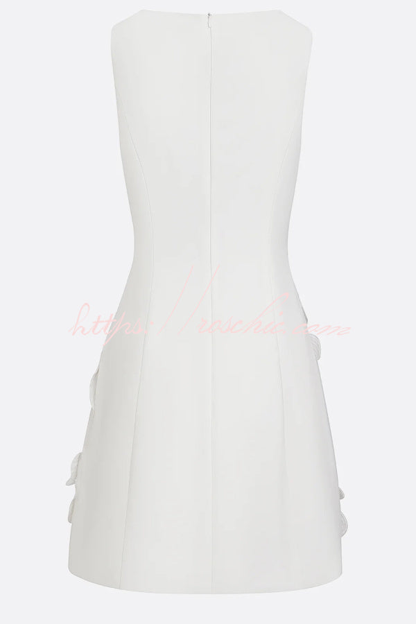 Delicate Silhouette Pearl Trim Cutout Neck Sleeveless 3D Florals Hem Mini Dress