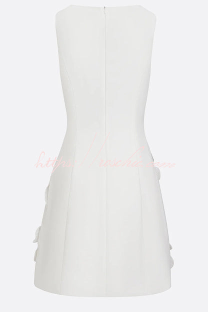 Delicate Silhouette Pearl Trim Cutout Neck Sleeveless 3D Florals Hem Mini Dress
