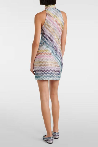 Whimsical Moment Knit Colorful Zigzag Pattern High Neck Sleeveless Mini Dress