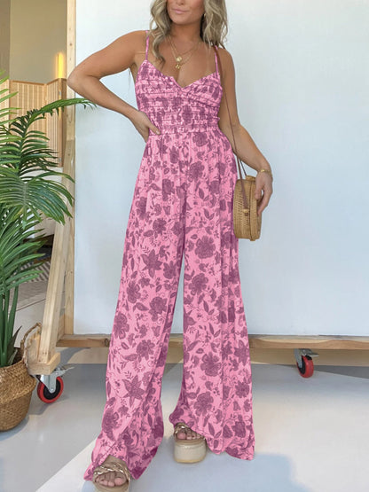 Floral Suspender Wide-leg Jumpsuit