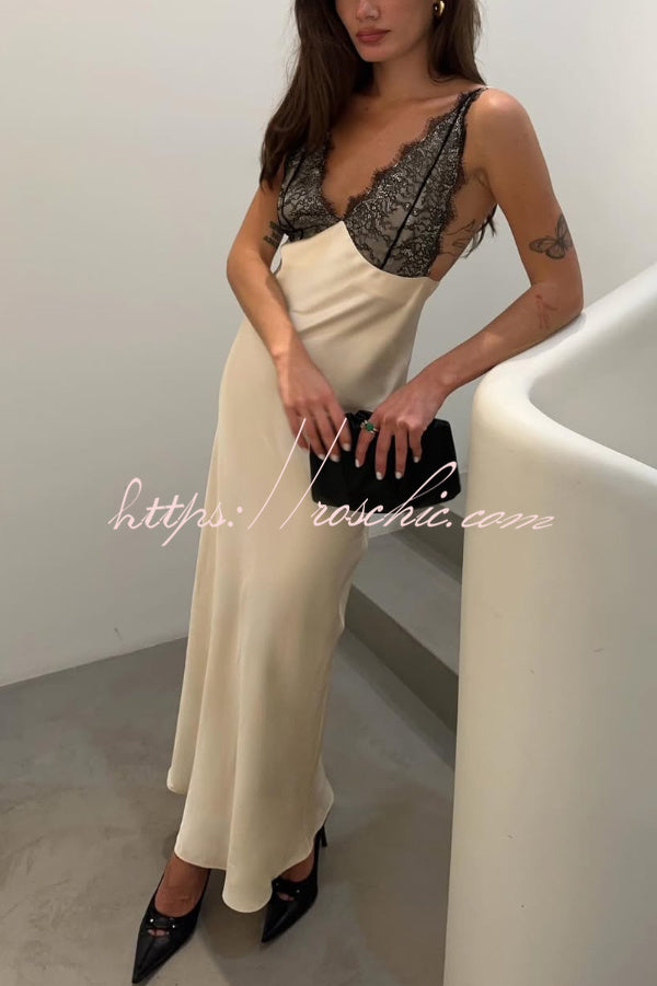 Fashionable Satin Lace Patchwork Spaghetti Strap Backless Elegant Slim-fit Maxi Dress