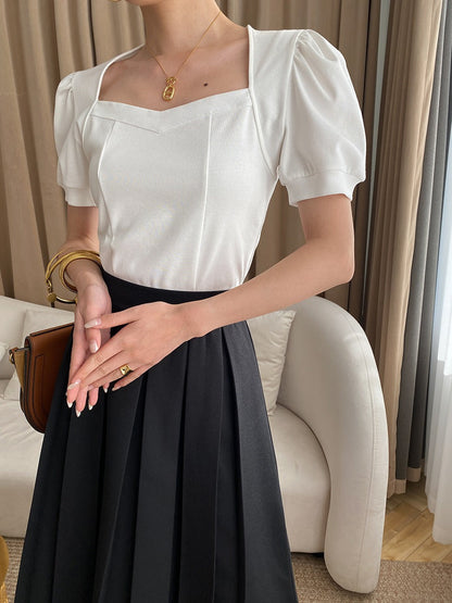 French love square collar bubble short sleeve T-shirt