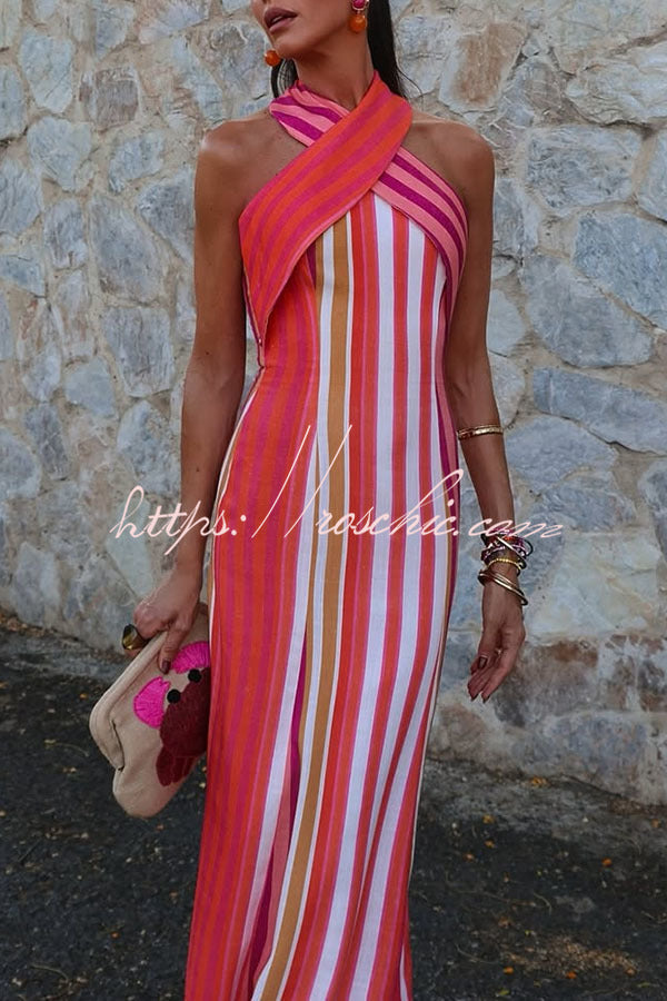 Sunset Breeze Linen Blend Colorful Stripes Cross Halter Flare Maxi Dress