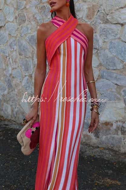Sunset Breeze Linen Blend Colorful Stripes Cross Halter Flare Maxi Dress