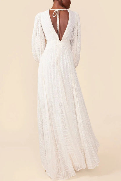 Wedding Guests Pleated Textured Chiffon Fabric Balloon Sleeve Open Back Maxi Dress