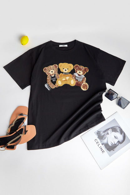 Black Teddy Bear Embroidered T-Shirt