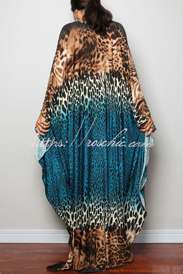 Unique Print Loose V-Neck Batwing Sleeve Casual Maxi Dress