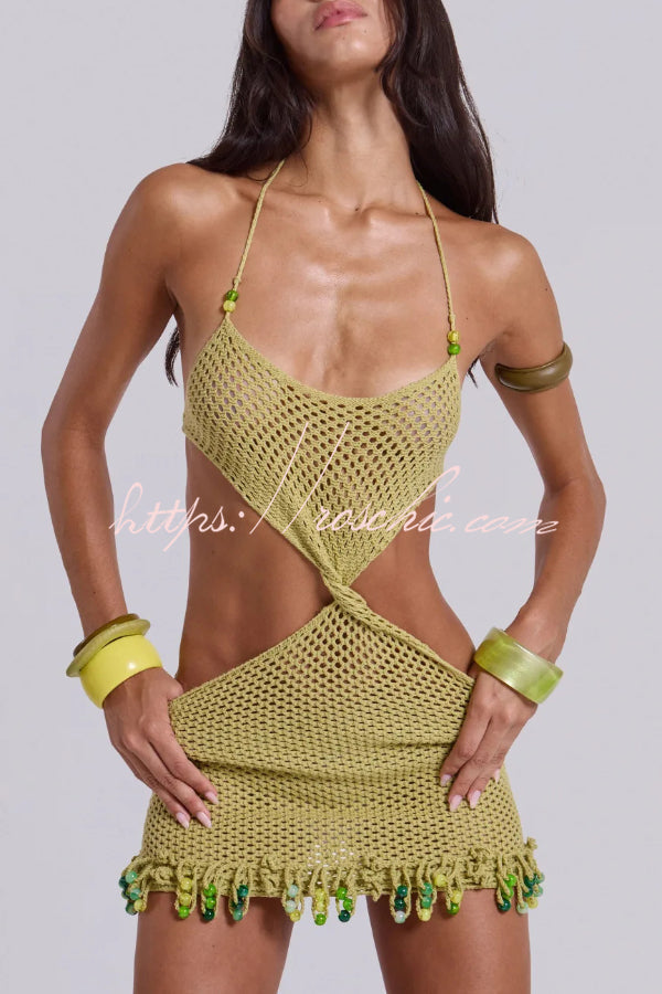 Fashionable Openwork Knit Halter Neck Tie Slim Fit Cover-up Mini Dress