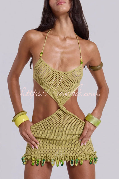Fashionable Openwork Knit Halter Neck Tie Slim Fit Cover-up Mini Dress