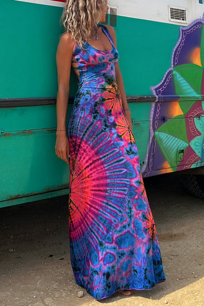 La Bamba Tie-dye Print Back Lace-up Stretch Maxi Dressï¼_ith built-in braï¼