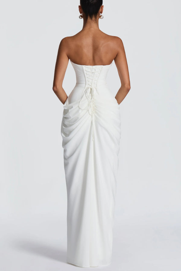 Cyra Back Lace-up Asymmetrical Pleats Strapless Slit Maxi Dress(Buy 2 Get Free Shipping)