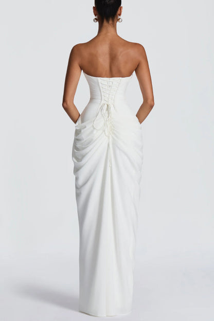 Cyra Back Lace-up Asymmetrical Pleats Strapless Slit Maxi Dress(Buy 2 Get Free Shipping)