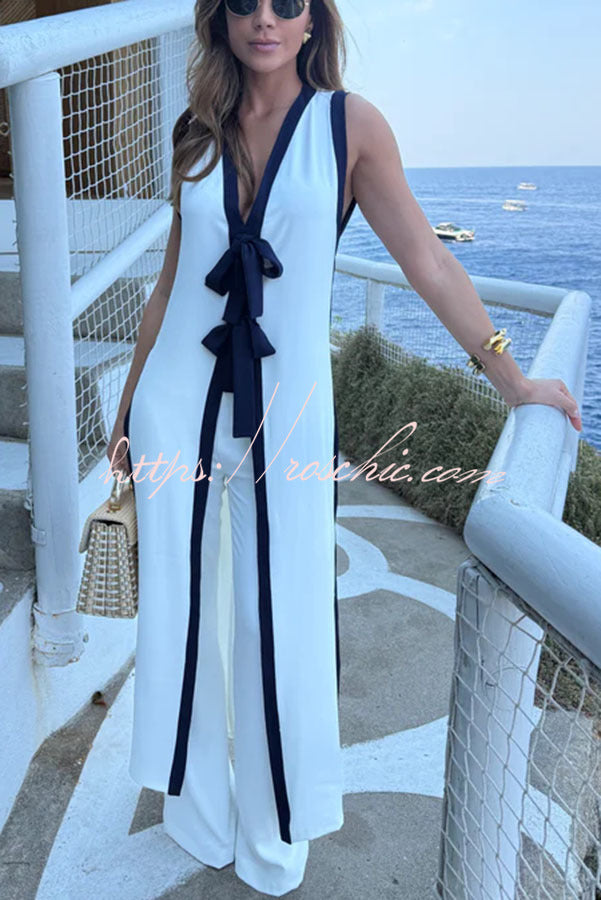 Beach Day Colorblock Bow Detail Slit Midi Top and Elastic Waist Loose Pants Set