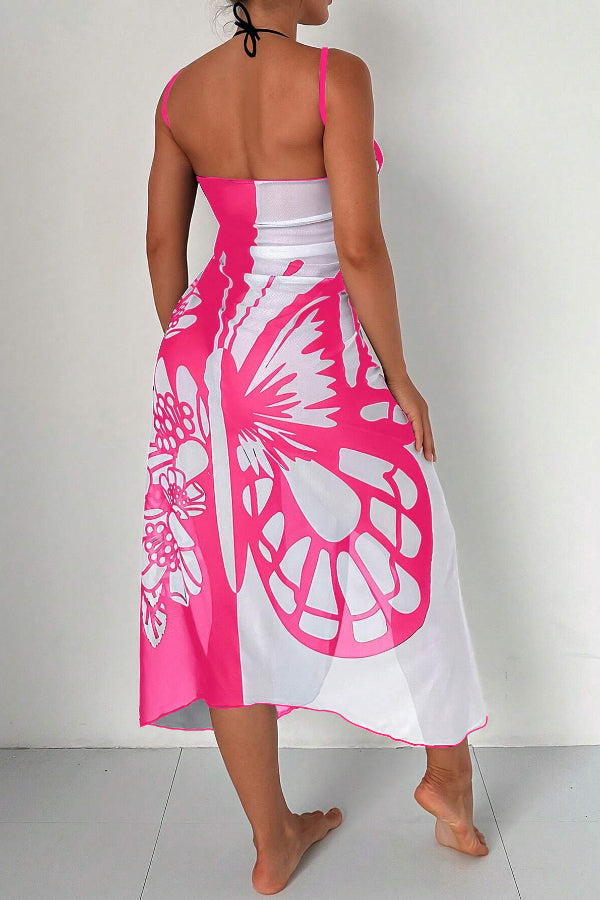 Fashionable Color-blocked Butterfly Print Resort Cover-up Midi Dress