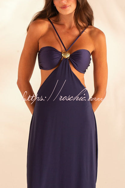 Metal Shell Straps Elastic Bikini and Slit Cover-up Dress Three-piece Set
