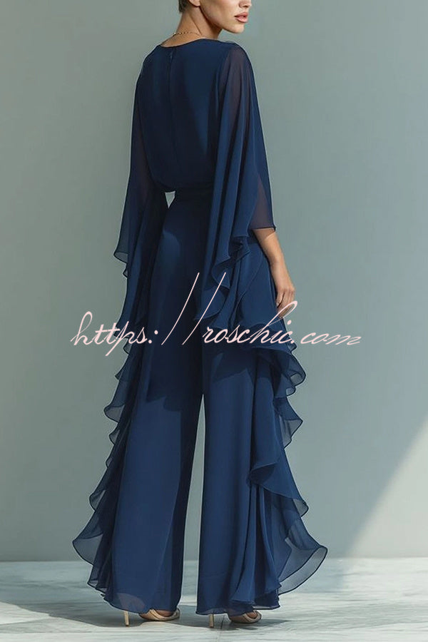 Chic Midnight Blue Ruffled Overlay Wide-Leg Pantsuit