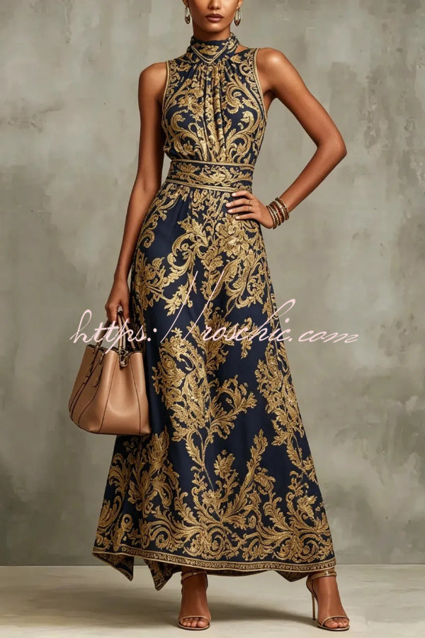 Vintage Gold Embroidered Long Dress