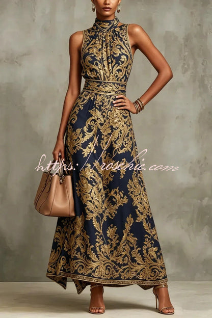 Vintage Gold Embroidered Long Dress