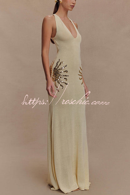 Sparkling Nights Knit Sunburst Sequin Detail Back Cross Straps Stretch Maxi Dress