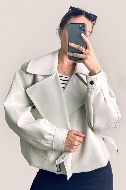 Beige Vegan Leather Pocket Detail Biker Jacket