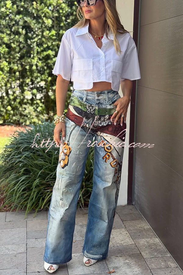 Street Graffiti Denim Unique and Fun Prints High Rise Pocket Straight Leg Jeans