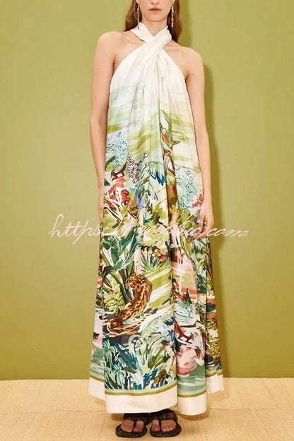 Tropical Eden Halter Neck Backless Maxi Dress