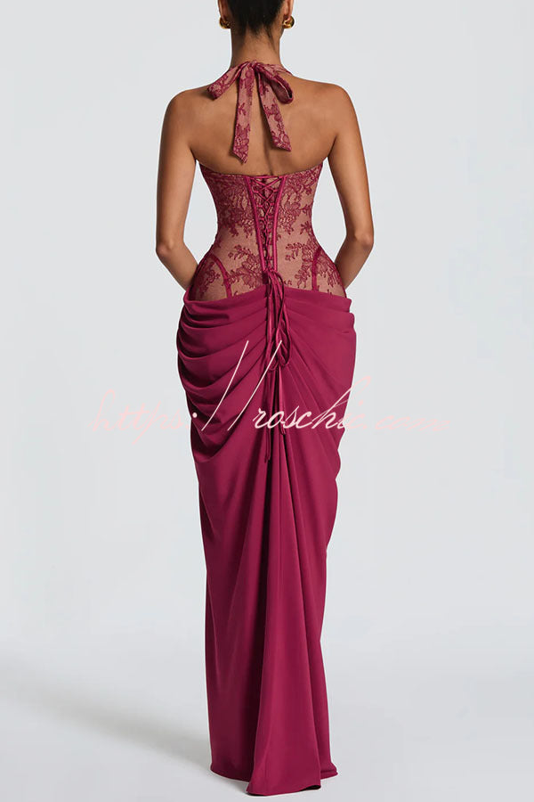 Bonita Floral Lace Contrast Structural Detail Asymmetrical Pleats Halter Slit Maxi Dress