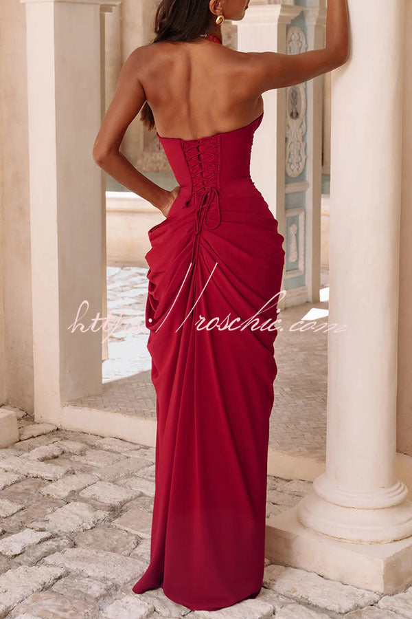 Minette Halter Back Lace-up Asymmetrical Pleats Slit Maxi Dress