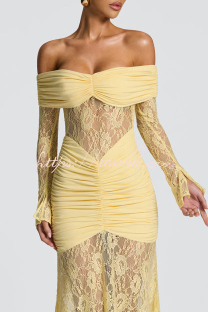 Solid Color Patchwork Lace Off-shoulder Long-sleeved Pleated Slim-fit Maxi Dress