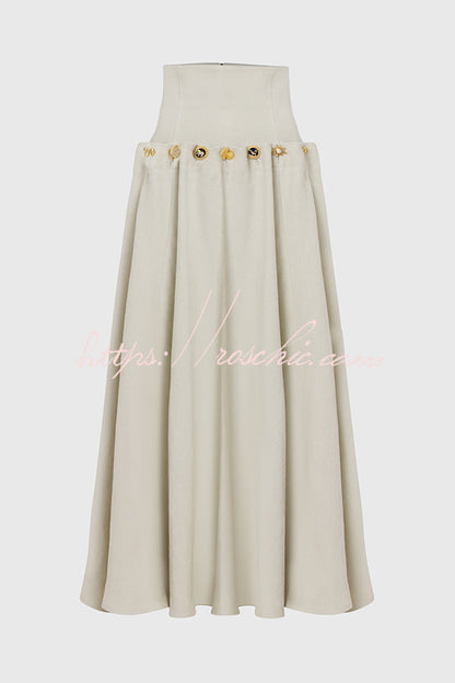 Custom Look Linen Blend Unique Metal Pattern Buttons Lace-up Waist Crisp Hem Maxi Skirt