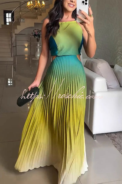 Fashionable Backless Tie Elegant Gradient Pleated Maxi Dress
