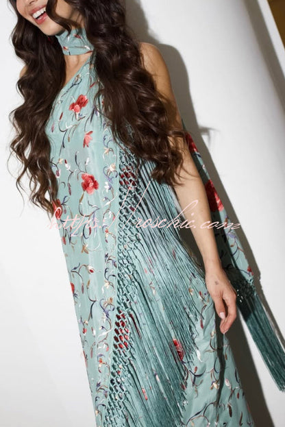 Floral Print Halter Neck Sleeveless Elegant Tassel Maxi Dress