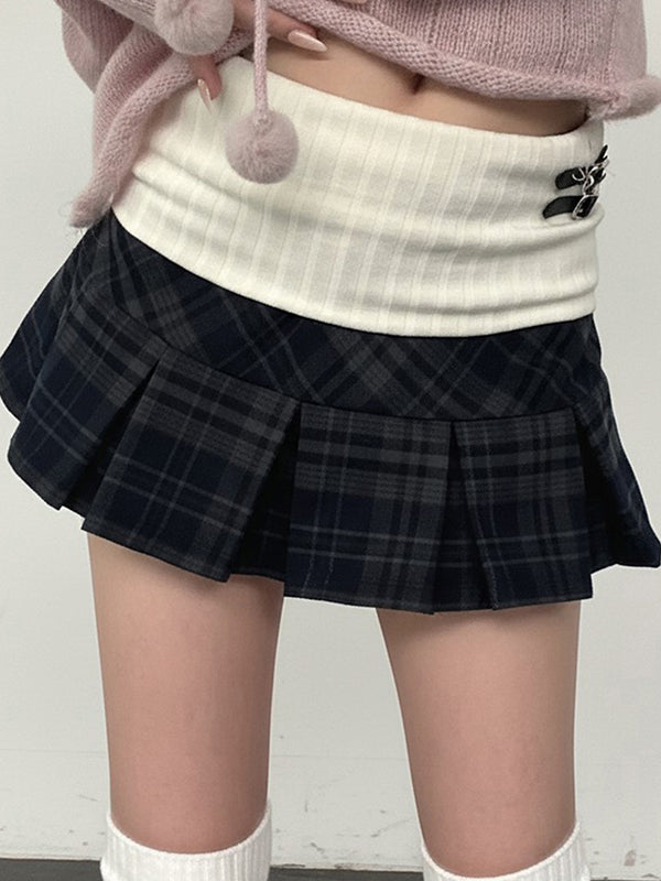College-Style Spliced Pleated Mini Skirt