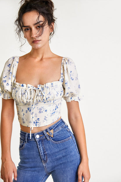 Ivory Floral Print Square Neck Cropped Blouse