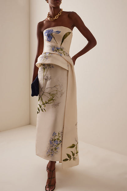Architectural Tailor Iris Bouquet Print Strapless Draped Peplum Gown Midi Dress