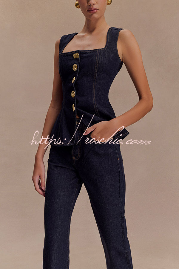 Stassi Denim Square Neck Unique Button Up Princess Seams Vest Top