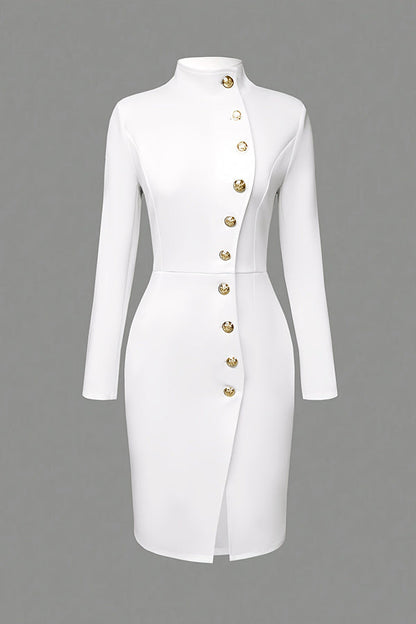 Solid Color Stand Collar Metal Button Slim Midi Dress
