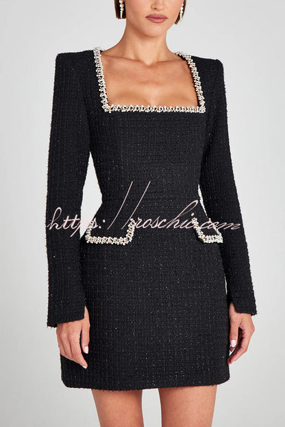 Girly and Glamorous Tweed Fabric Pearl Trim Long Slit Sleeve Pocketed Mini Dress (Shipped Within 24 Hours)