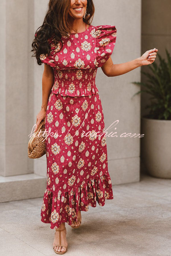 Emilia Unique Print Flutter Sleeve Smocked Top and Elastic Waist Maxi Skirt Set
