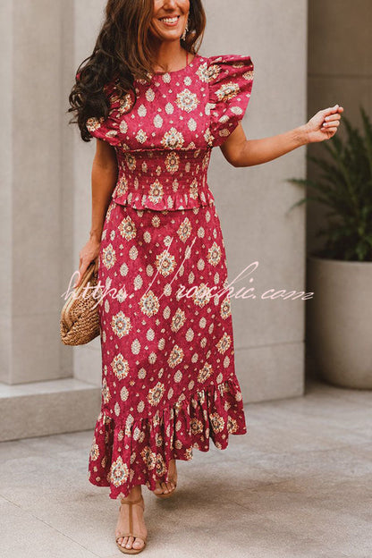 Emilia Unique Print Flutter Sleeve Smocked Top and Elastic Waist Maxi Skirt Set