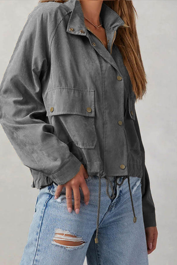Brushed plaid lapel multi-button two-pocket midi jacket