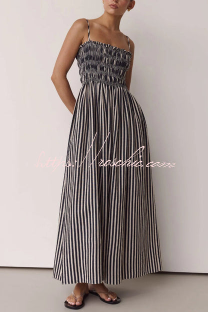 Striped Print Spaghetti Strap Pleated Pocket Casual Vacation Maxi Dress