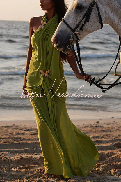 Touch of Drama Mesh Butterfly Metal Clips One Shoulder Backless Maxi Dress