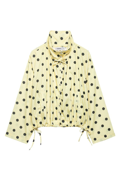Polka Dot Print Loose Stand Collar Button Bow Tie Casual Long-sleeved Jacket