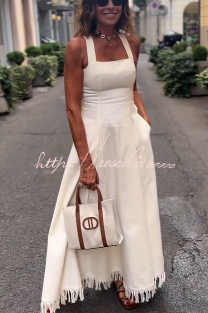 Viki Linen Blend Square Neck Wide Strap Side Button Pocket Tassel Trim Midi Dress