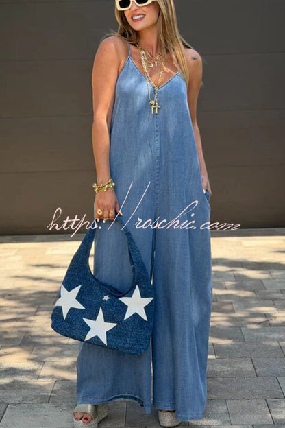 Favorite Fit Denim Back Cross Slip Pocket Wide Leg Jumpsuit
