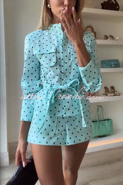 Trisha Linen Blend Polka Dot Stand Neck Belted Jacket and Low-Rise Pocket Mini Shorts Set